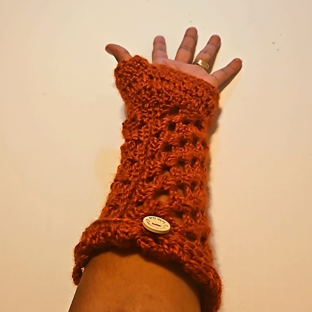 Hand Crafted Hand Knit Crochet Orange Granny Square Fingerless Gloves handmade - Picture 15 of 17